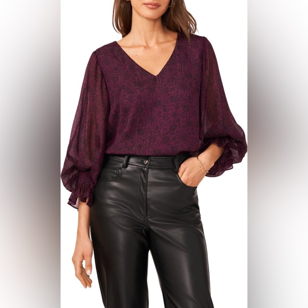 [halogen] metallic v neck balloon sleeve blouse purple floral XS